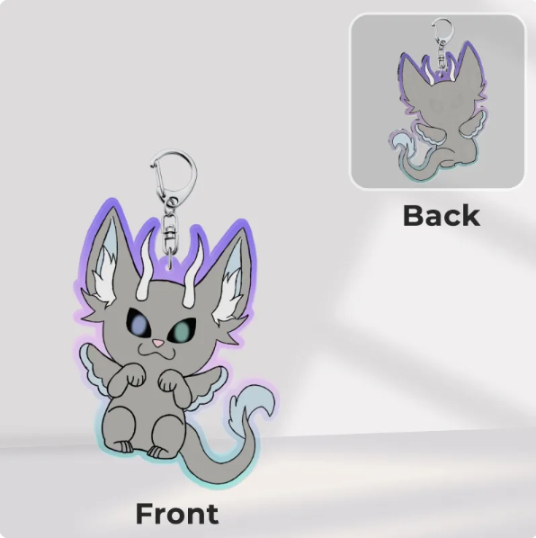 Display picture of the front and back of Sally-Mae keychain. 